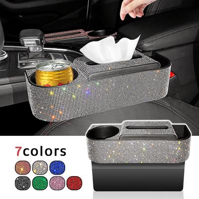 Nuevo organizador de asiento de automóvil con diamantes de imitación brillantes, caja de almacenamiento para huecos de automóvil, portavasos a prueba de fugas, caja de pañuelos para llaves y monedas