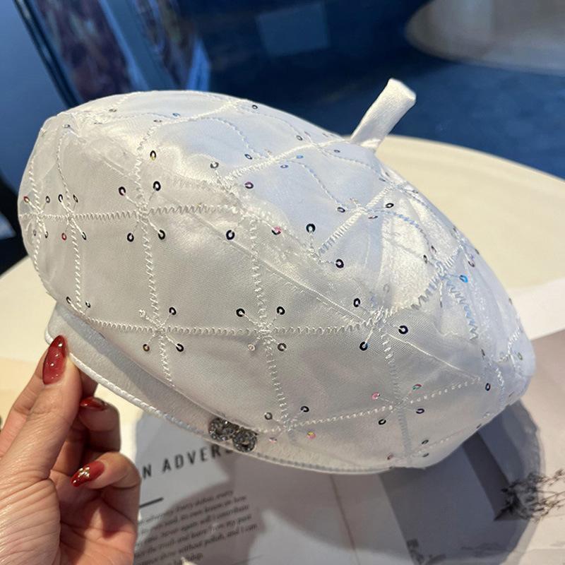 New retro sequined rhinestone butterfly mesh beret women's spring and summer fashion versatile face small painter hat