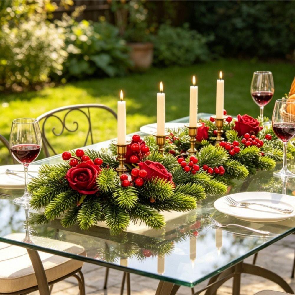 20cm Christmas Candlestick Wreath Handmade DIY Simulation Pine Branch Rose Flower Elegant Red Berry Candle Wreaths