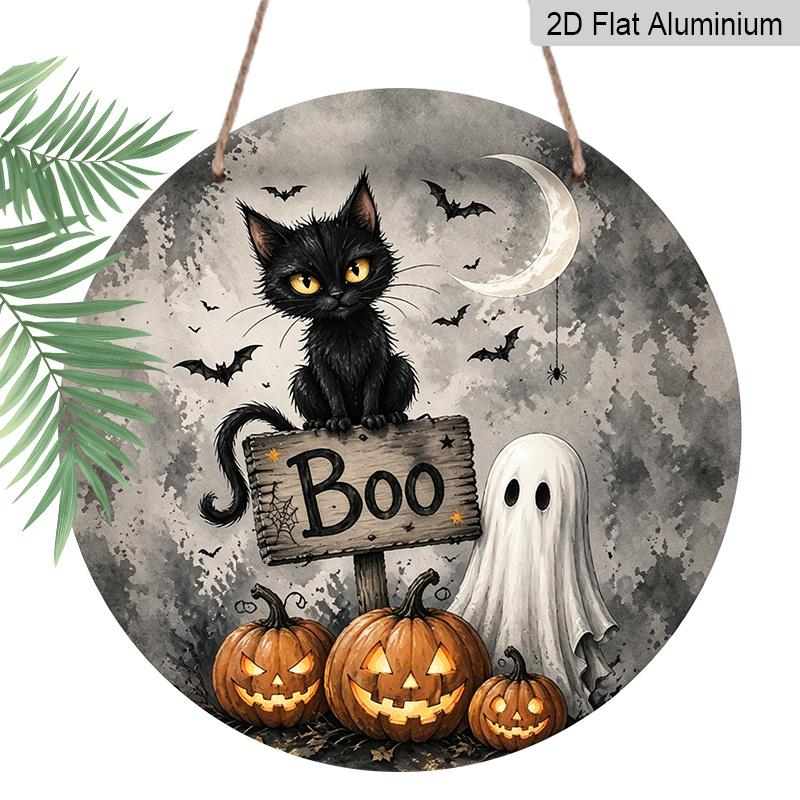 2D Flat, 1pc Round Aluminum Hanging Sign, Vintage Watercolor Black Cat Ghost Pumpkin Boo Printed Plaque, Spooky Rustic Farmhouse Halloween Front Door