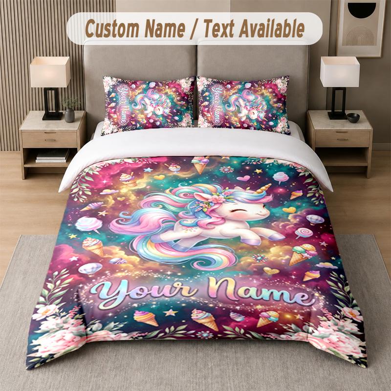Unicorn Theme Custom Text Or Name 3Pcs Bedding Set 1 Flat Sheet & 2 Pillowcases Personalized Home Bedding