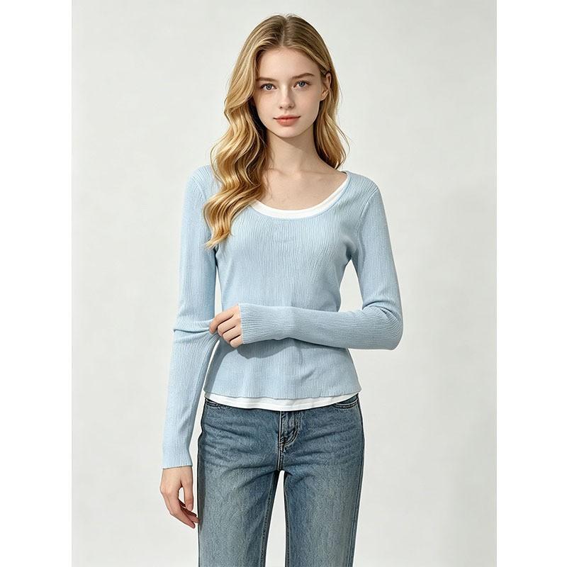 Womens Mock Two-Piece U-Neck Ribbed Knit Top Soft Viscose Long Sleeve Slim Fit Layering Base Shirt Fall