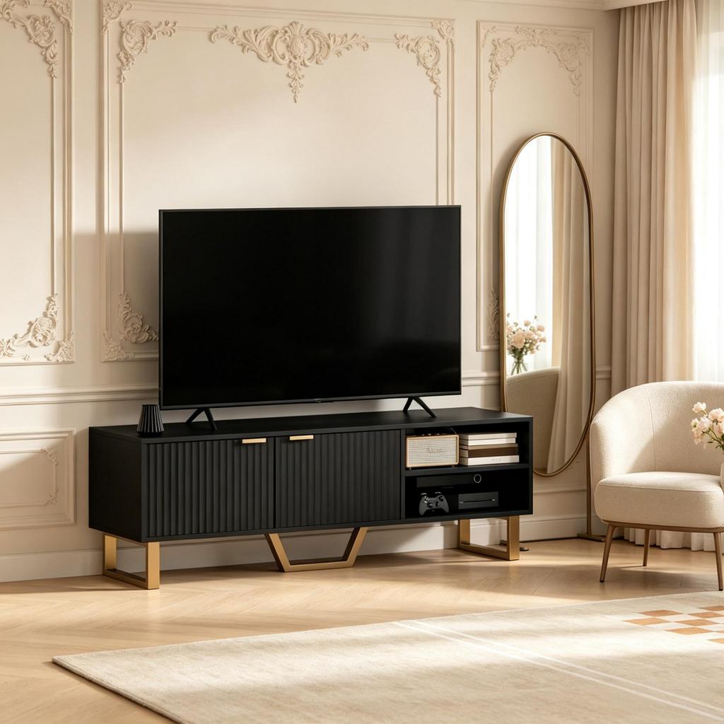 TV Cabinet for TVs Up To 70 Inches, TV Bench with 2 Fluted Doors, Open Compartment and Cable Passage