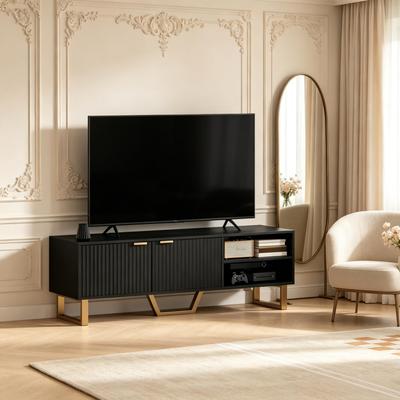 TV Cabinet for TVs Up To 70 Inches, TV Bench with 2 Fluted Doors, Open Compartment and Cable Passage