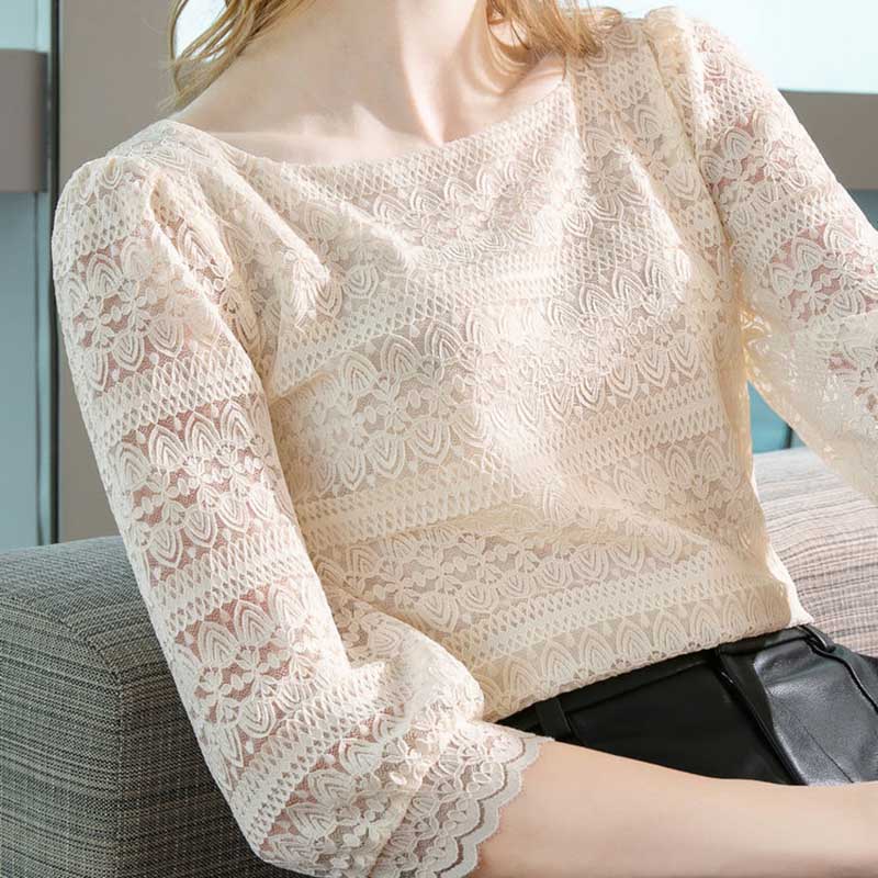Lace Bottoming Shirt Women's Spring Three-quarter Sleeves A Word Collar Hollow Air Quality Crochet Small Shirt Slim Top
