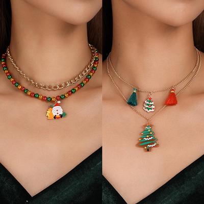 Elegant Beaded Santa & Christmas Tree Tassel Necklace Set