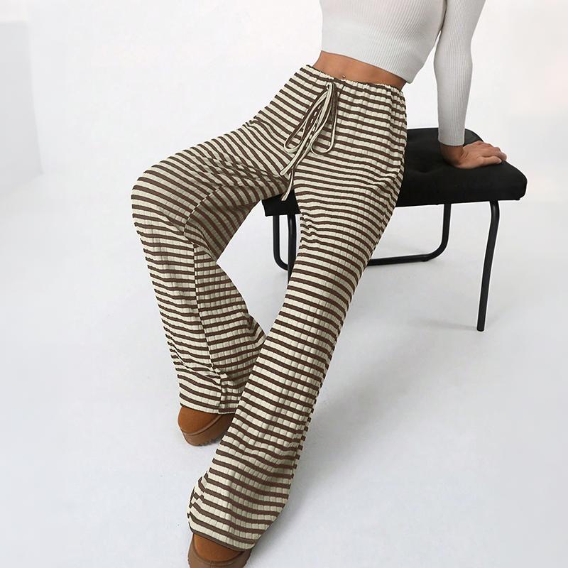 Women Spring Summer Casual Sport Drawstring High-Waisted Stripedd Straight-leg Pants