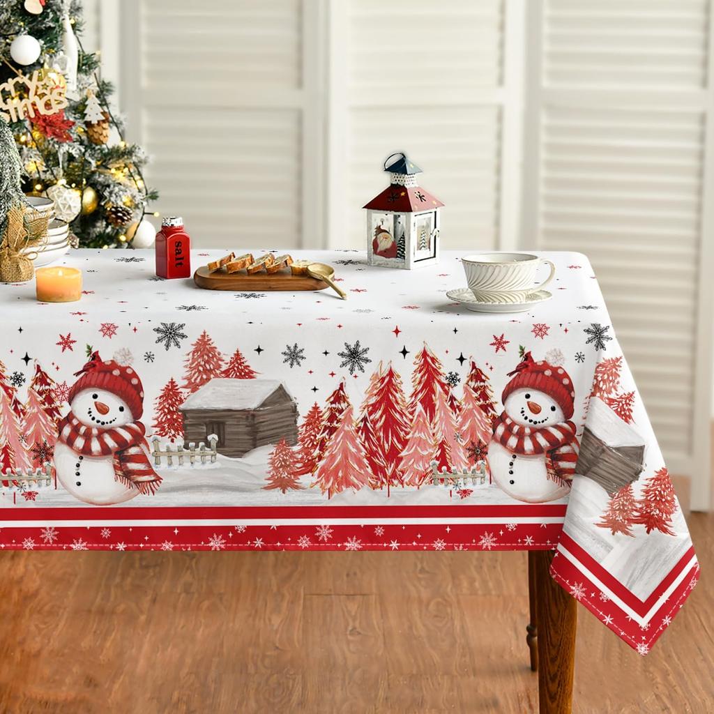 Christmas Snowman Pine Snow Waterproof Tablecloth Table Decor Winter Xmas Holiday Kitchen Dining Tablecloth Christmas Decoration