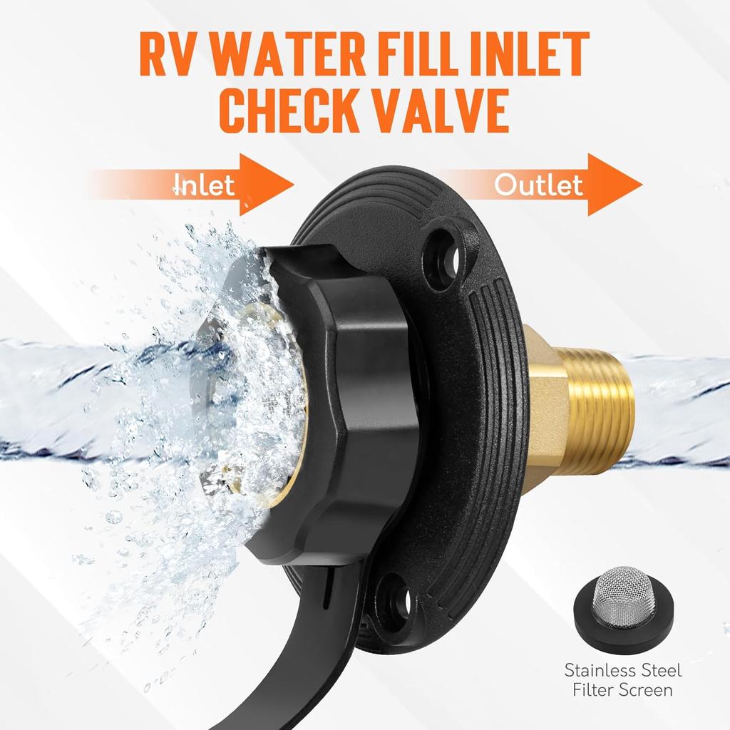 TONDA RV City Water Inlet With Check Valve, Brass Thread RV Water Fill Inlet Replacement, RV Water Hose Connector For Camper, Trailer, Motorhome
