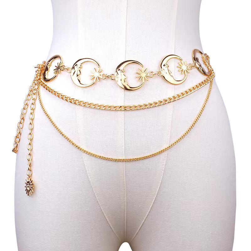 Crescent Moon & Sunflower Metal Waist Chain for Women - Adjustable Waistband Body Decoration