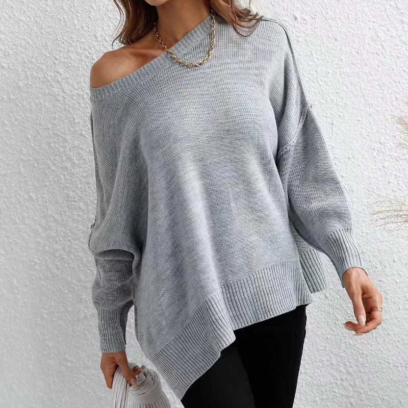 IHUASU Autumn and Winter Fashion Women's O-Neck Knit Loose Split Pullover Sweater