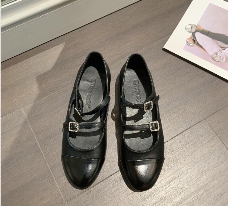 2025 Spring New Round Head Retro French Flat Bottom Shallow Mouth Mary Jane Women's Single Shoes Leather Fresh Low Heel