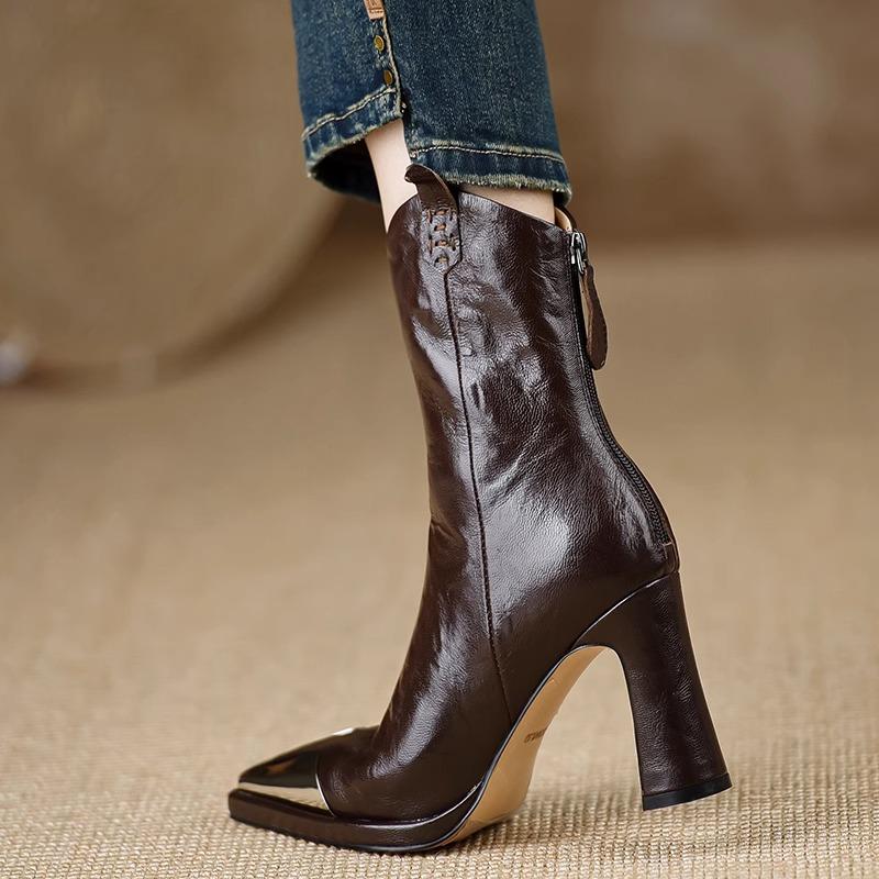 New Metal Square Toe Ankle Boots for Women Fashion Patent Leather Women's Shoes Botas  High Heels Shoes Women