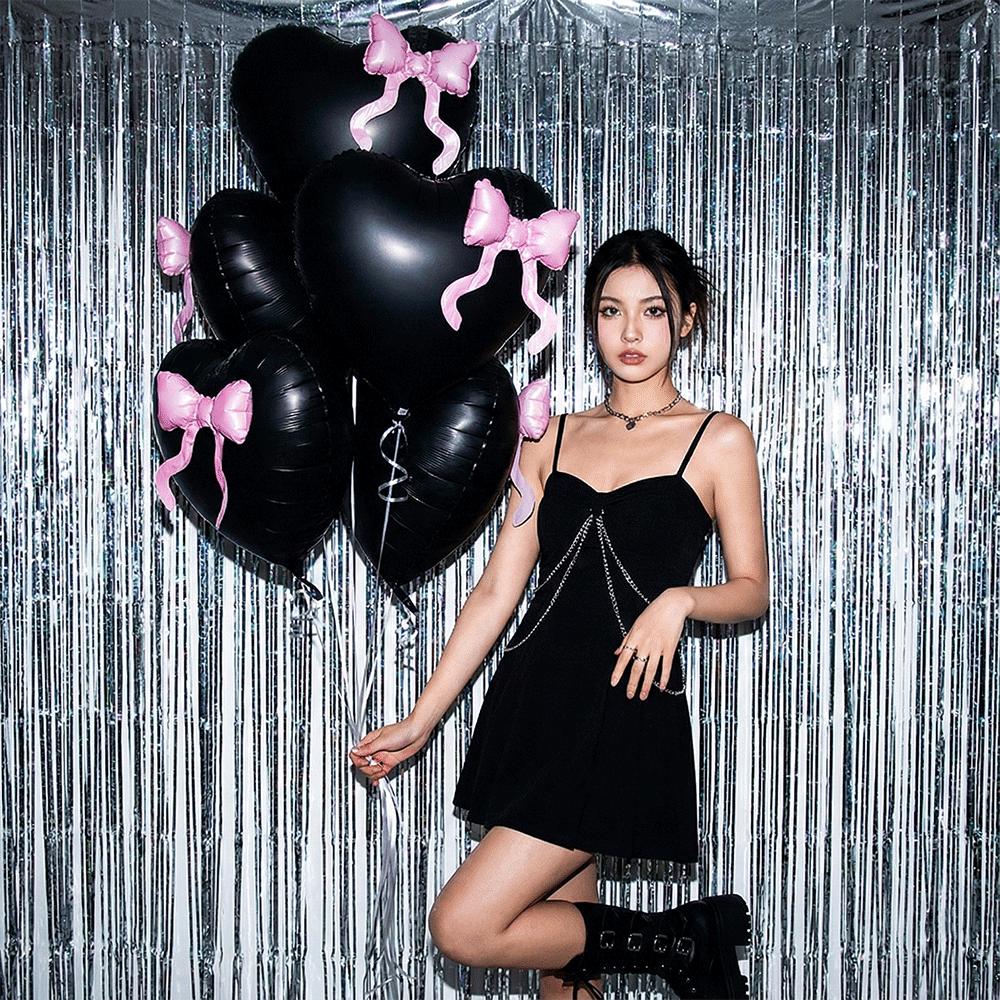 1/2/5pcs 22in Coquette Black Heart Pink Bow Balloons Y2K Aesthetic Foil Balloon Kpop Style Girls Goth Birthday Party Decorations