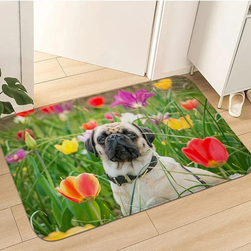Cute Pug Dog Pattern Welcome Mat Non-Slip Indoor Outdoor Home Decor Carpet Kitchen Floor Rugs Bedroom Bathroom Entrance Doormat