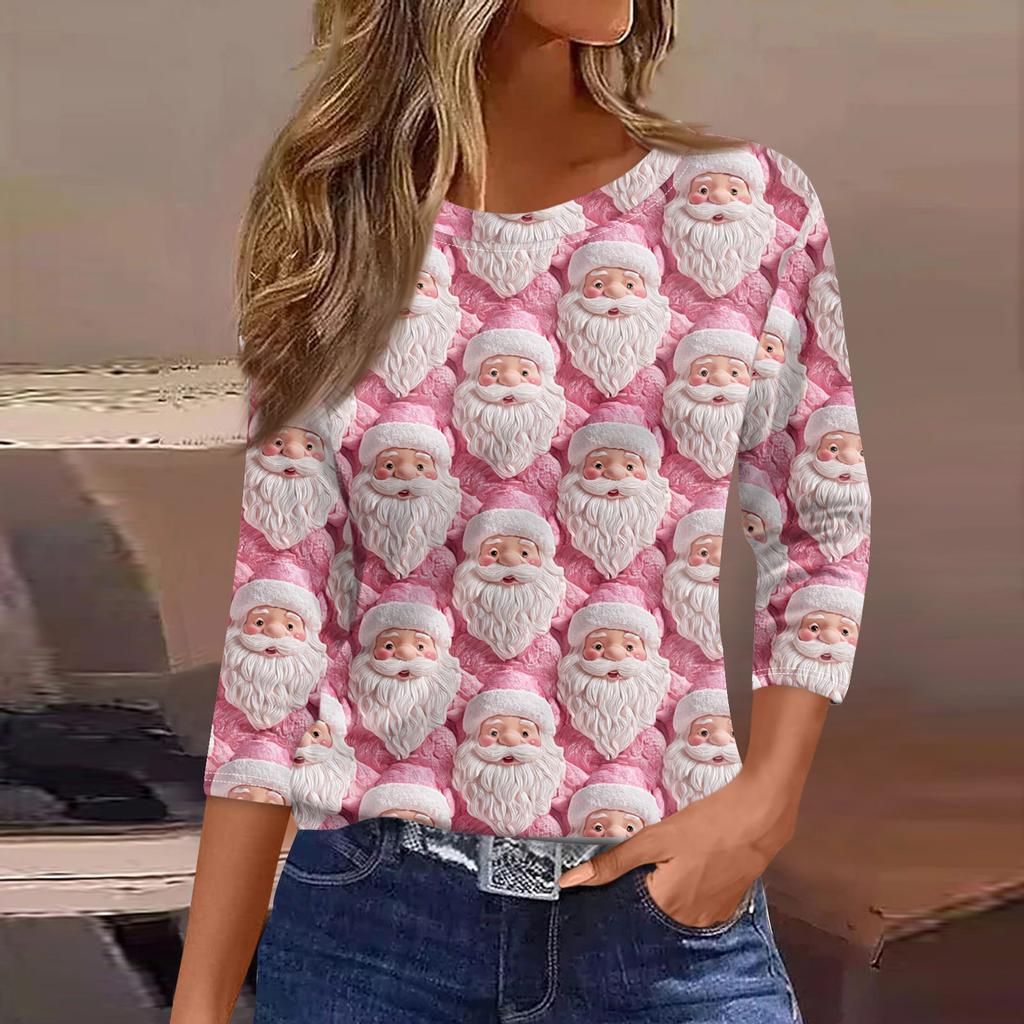 Women's Fashionable Casual Three Quarter Sleeve Christmas Printed Round Neck Top