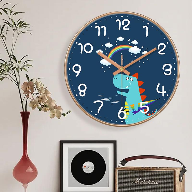 Kids Dinosaur Wall Clock Cute Cartoon Rainbow Design Easy To Read Round Quartz Clock for Boys Bedroom Nursery Classroom Decor