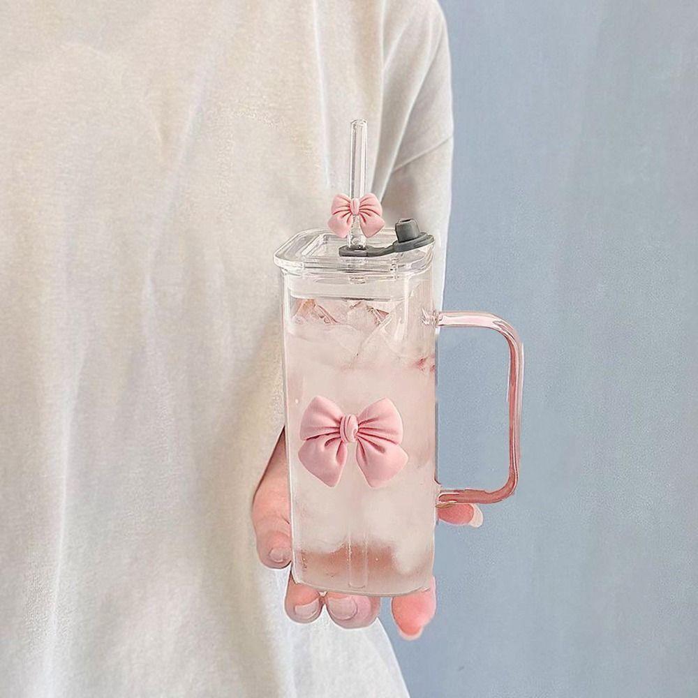 Stylish High Temperature Resistant Matcha Glass With Lids Capacity Bow Cups Glass Straw Cups for Drinking Milk