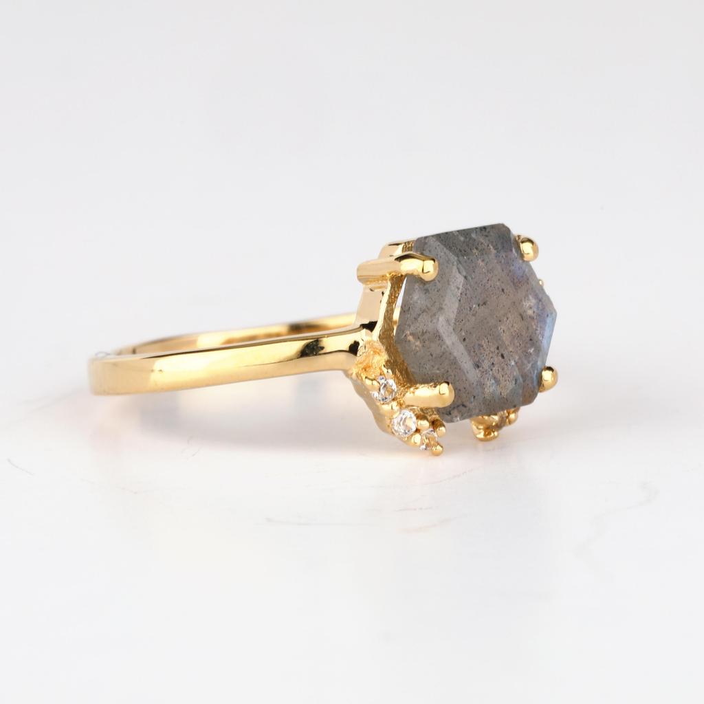 Labradorite & White Topaz Ring 925 Sterling Silver Yellow Gold Plated Hexagon Gemstone Ring for Women