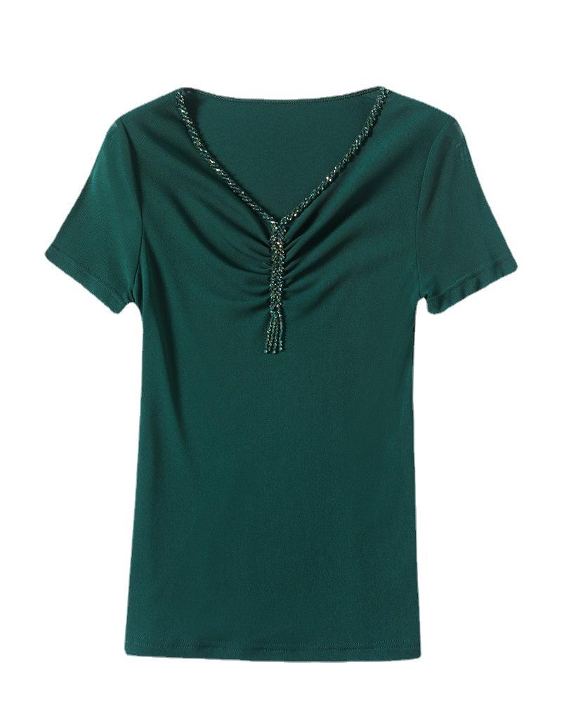 2023 Letní dámský top s V-výstřihem, korálky, slim-fit, s krátkým rukávem