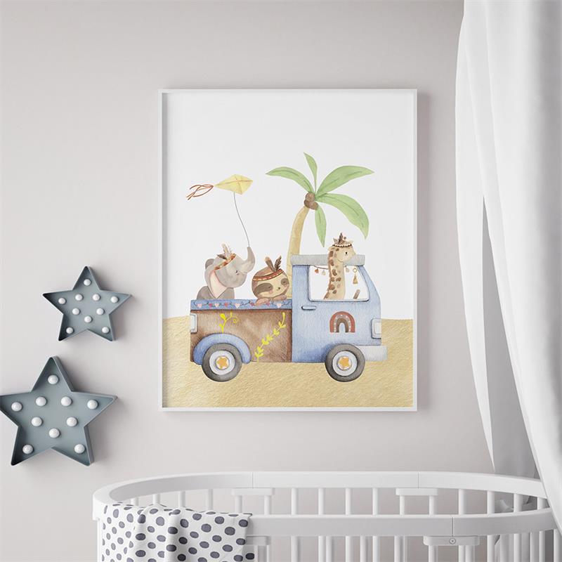 Car Giraffe Lion Elephant Monkey Jungle Animals Wall Art Canvas Painting Nordic Posters And Prints Pictures Baby Kids Room Decor