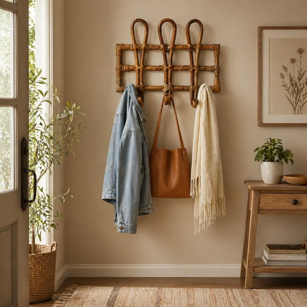 Eco Decx Handcrafted Rattan Wall Hook Organizer with 4 Hooks, Wooden Cane Key Holder for Entryway, Bedroom & Living Room Decor