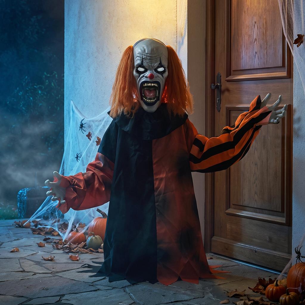 Animated Halloween Face Changing Clown, Animatronic Joker with Cackling Sound, Glowing Eyes, Sound/Touch Activated