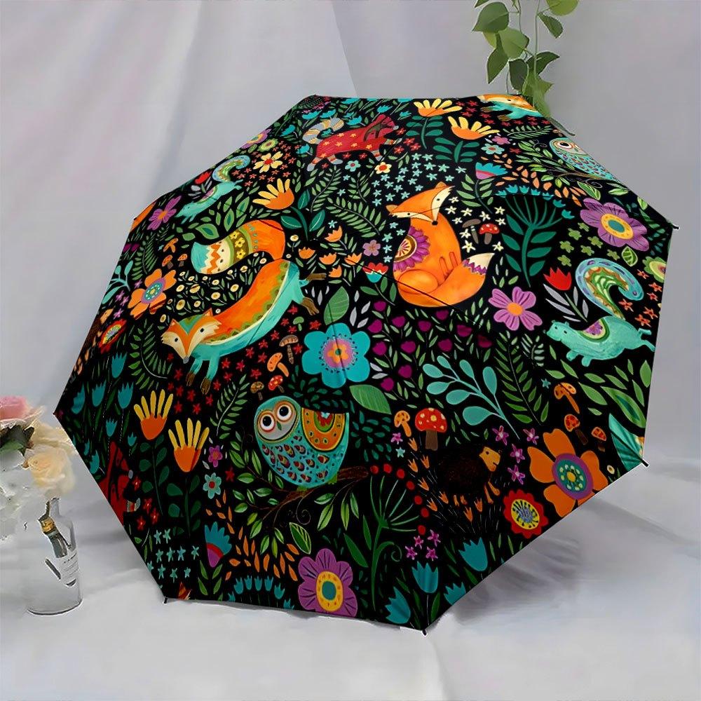 Automatic Folding Umbrella with Whimsical Foxes, Owls & Flowers on Black Background - Portable Collapsible Design, 8-Rib Durab