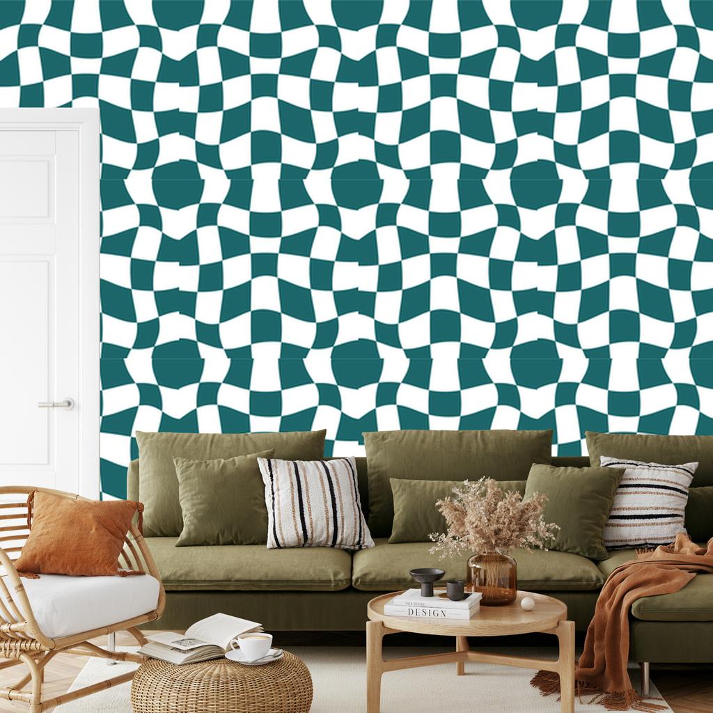Wallpaper Casual Checkerboard Turquoise, White and Light Gray 50x1000