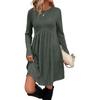 Womens Solid Rib Brushed Long Sleeve Round Neck A Line Midi Dress