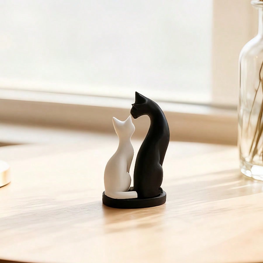 Abstract Cat Couple Figurine Set - Modern Resin Home Decor, Black White Animal Statue for Desk Shelf, Birthday Wedding Gift
