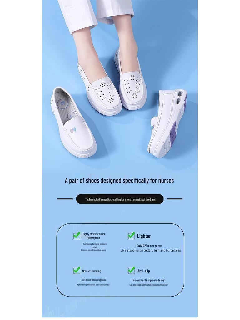 Summer Non-Slip Leather Nurse Shoes: Double Air Cushion, Thick Soft Sole, Breathable, Comfortable for Medical Work