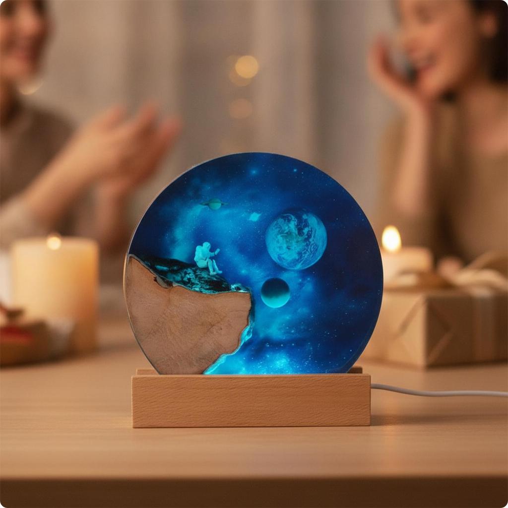 Resin Night Light with Wooden Base Corded Astronaut Compact Lamp for Kids,