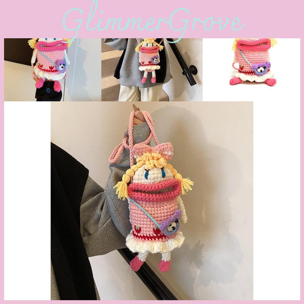 Cute And Comfy Pink Knitted Crossbody Bag For Children Featuring Cartoon Characters