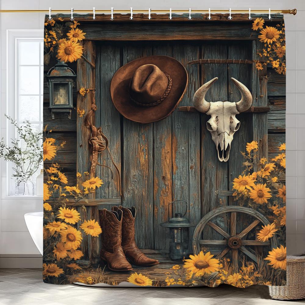 Flower Scenery Of Rural Farmhouse Shower Curtain, Bathroom Decorative Shower Curtain, Home Decorative Curtain With Hooks