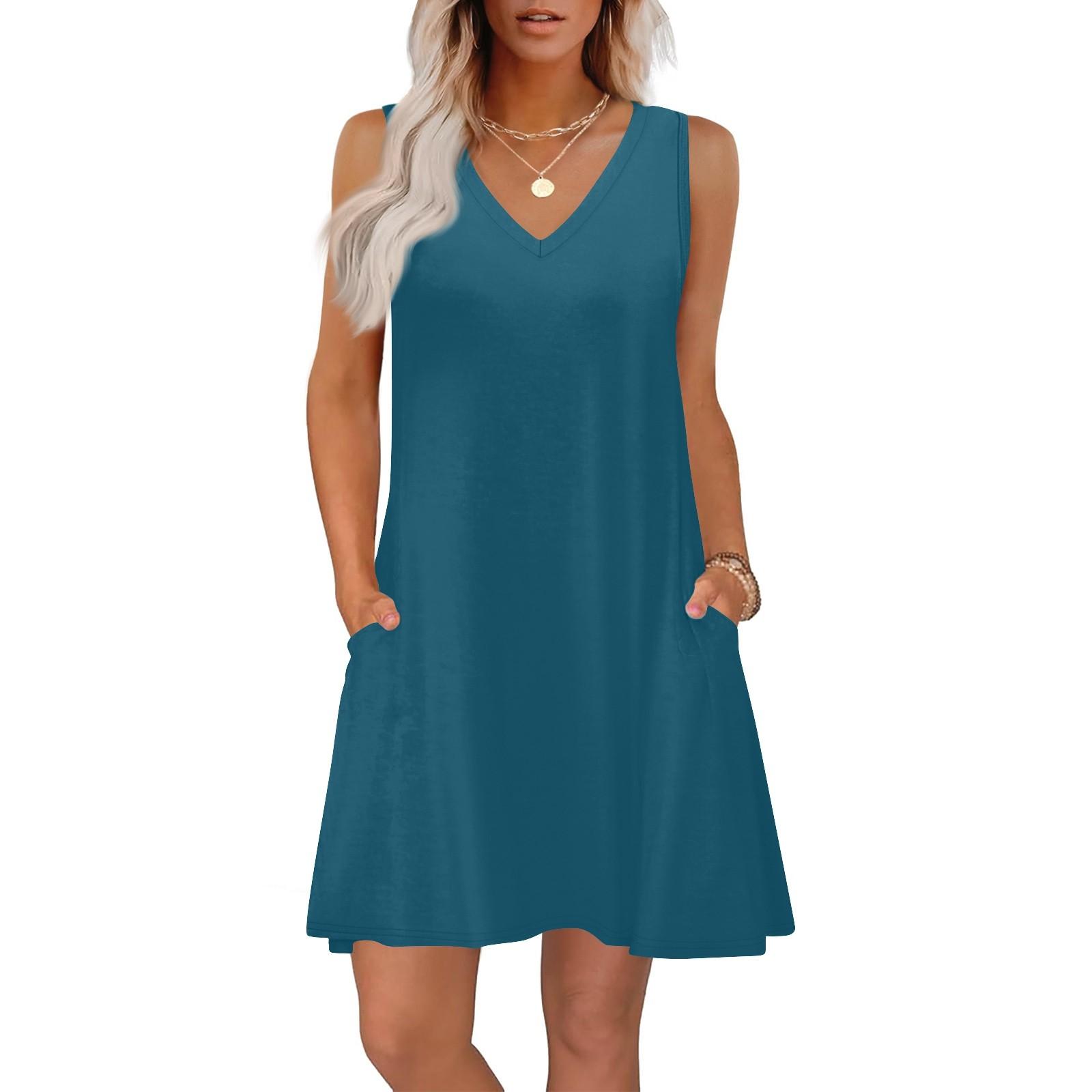 

Women s Summer Dresses Loose Fit Color V Neck Sleeveless Sundresses Beach Hawaiian Dress With Pockets L
