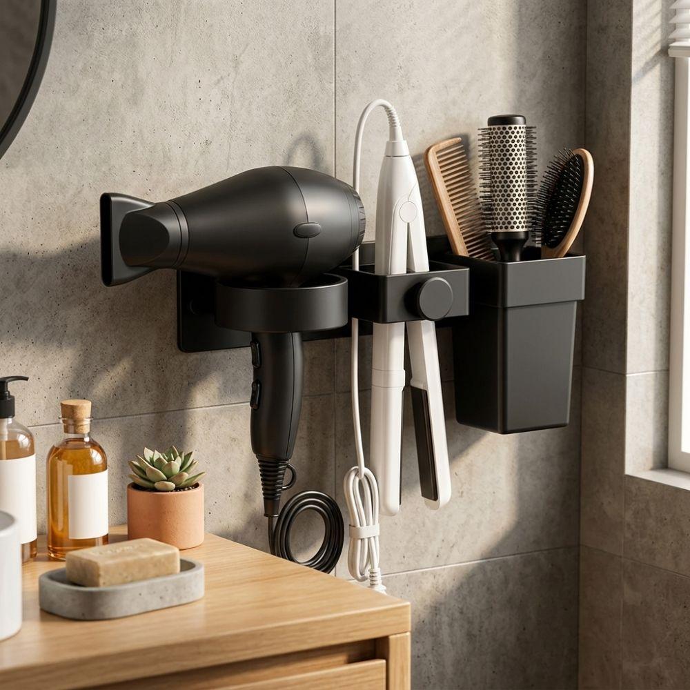 Multi-Slot Hair Straightener Holder Detachable Cup Blow Dryer Wall Holder Bathroom Accessories
