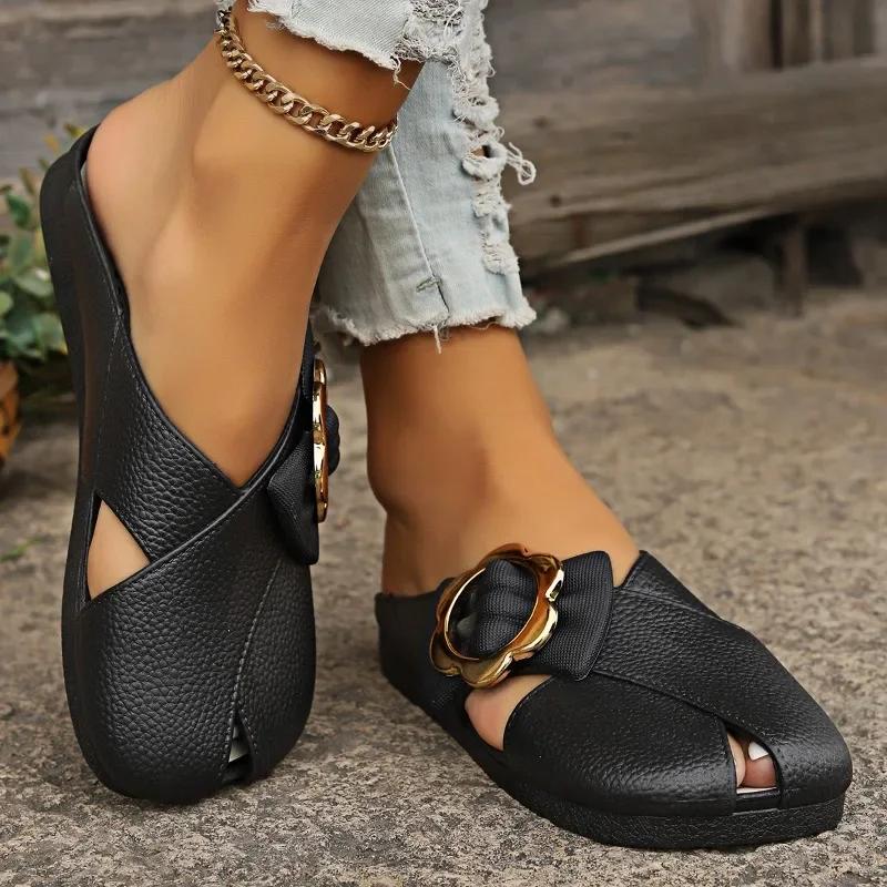 2024 High Quality Women's Shoes Hot Selling Fashion Baotou Flat Ladies Slippers New Solid Color Metal Decoration Ladies Slippers