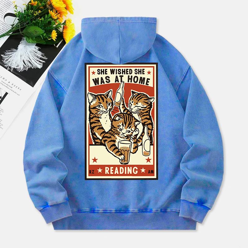 Drinking Cats Washed Hoodie Womens Vintage Printed Cotton Tops Distressed Pocket Oversize Womans Streetwear