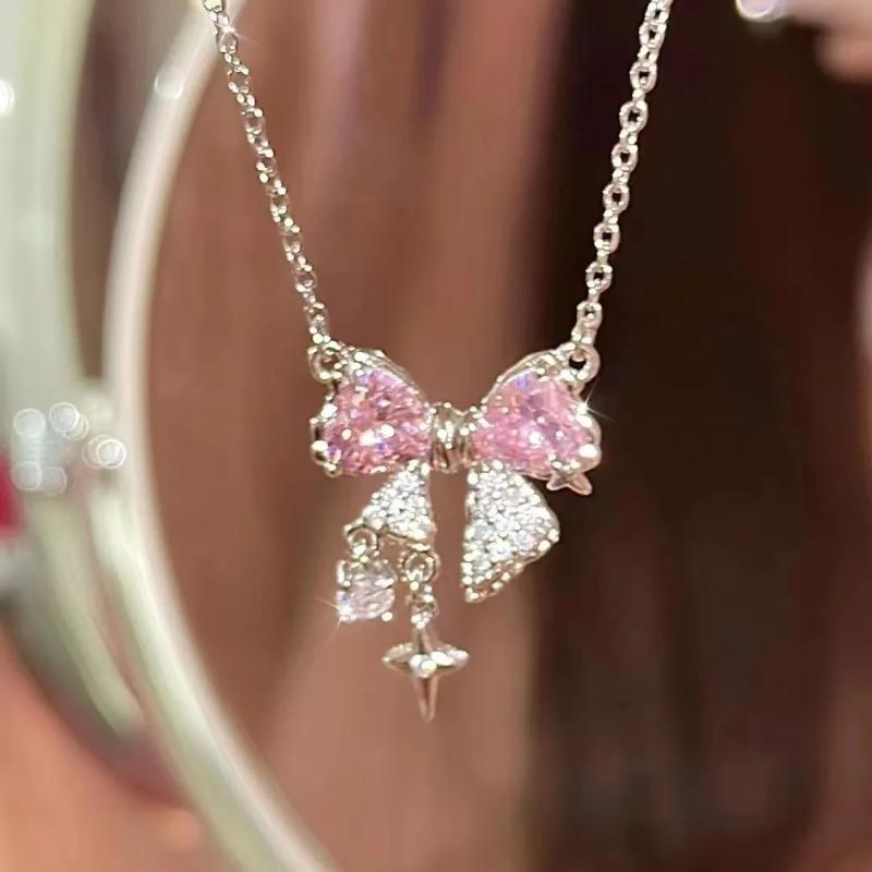 Korea New Design Pink Zircon Bowknot Cross Pendant Necklaces Y2K Girls Sweet Rhinestone Heart Clavicle Chain Women Zircon Gifts