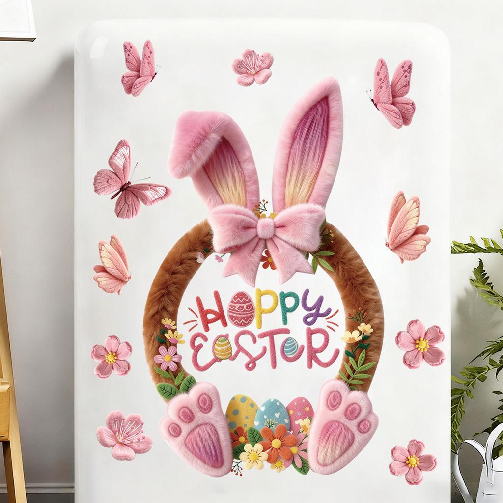 Easter Window Clings 2026 Pink Bunny with Flowers and Butterflies Static Clings for Glass Window Decoration Shop Window Decor