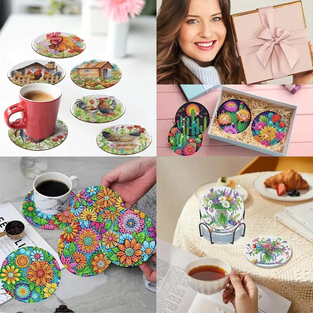 8-teiliges Set mit bestickten Untersetzern mit Blumen und Diamanten und Halter, DIY-Untersetzer für Anfänger und Erwachsene, Kunst- und Bastelbedarf, Geschenk