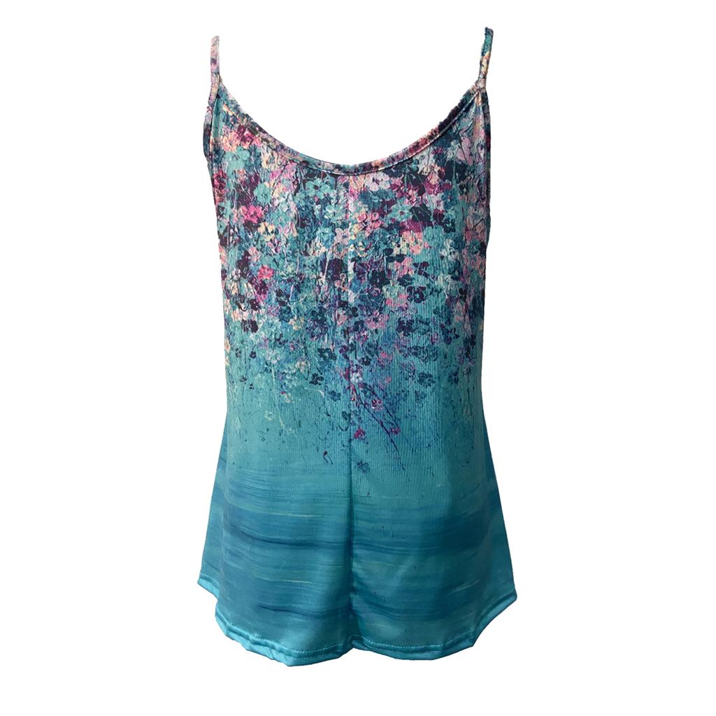 Damenmode Blumendruck Spaghetti Cami Top Lässig Ärmellos Rundhalsausschnitt Sommer Tops
