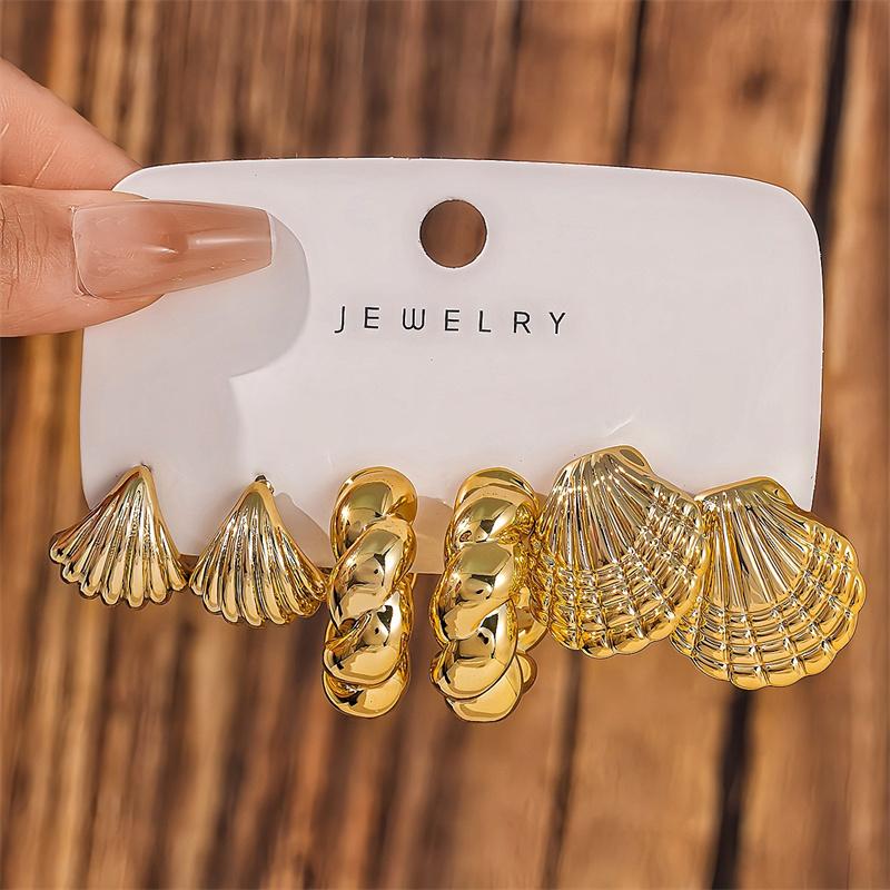 Big Gold Plated Textured Metal Circle Hoop Earrings Set for Women Vintage Geometric Twisted C Shape Drop Earring Party Jewelry