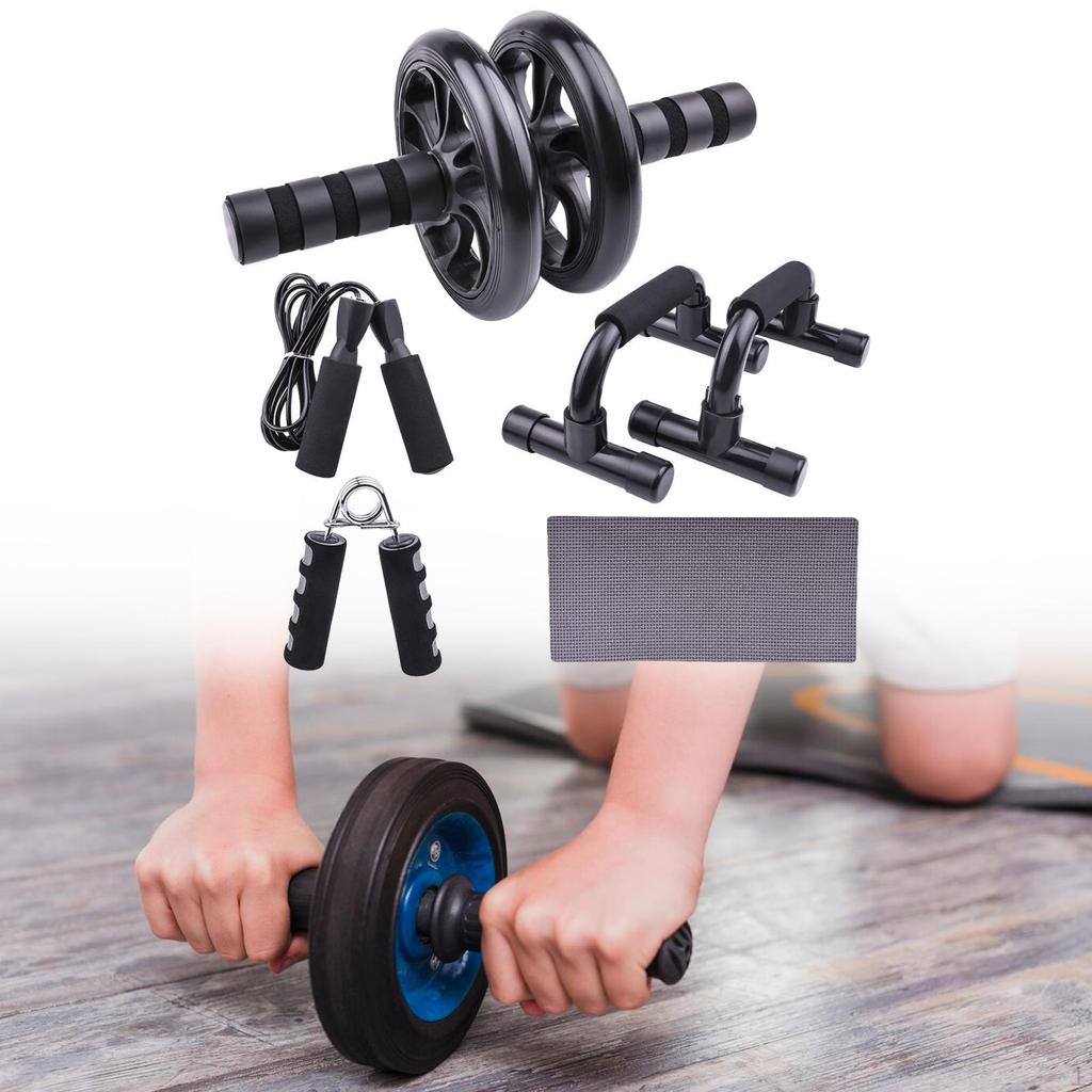 Roue Abdominale 11-en-1 – Avec élastiques, Corde à Sauter, Pompes, Tapis Genoux – Home Gym Pour Homme Et Femme