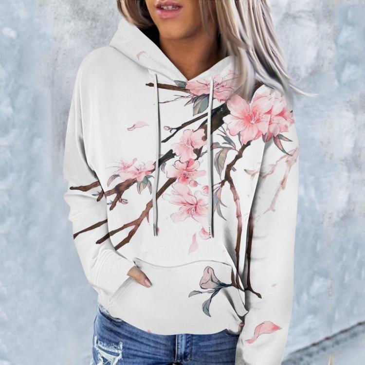 Floral Print Hooded Casual Women's Sweatshirt Fashion Long Sleeve Top