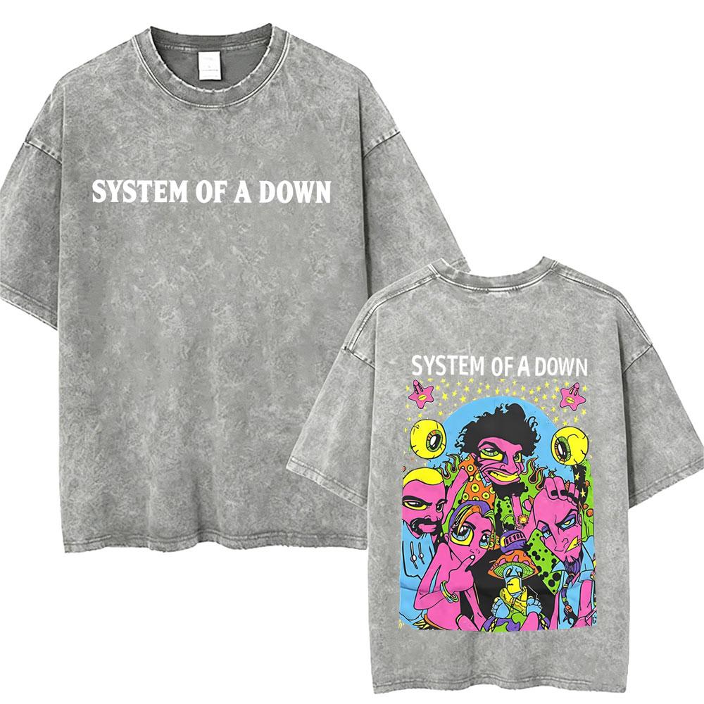 T-shirt Vintage Lavé System Of A Down Homme Rétro Rock Metal T-shirts Oversize Homme Décontracté Coton Haute Qualité