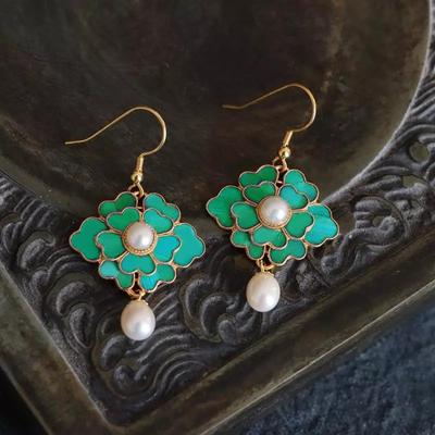 Brincos de porcelana cloisonné esmalte pérola flor dourada estilo palácio retro chinês charme único requintado joias de marca feminina