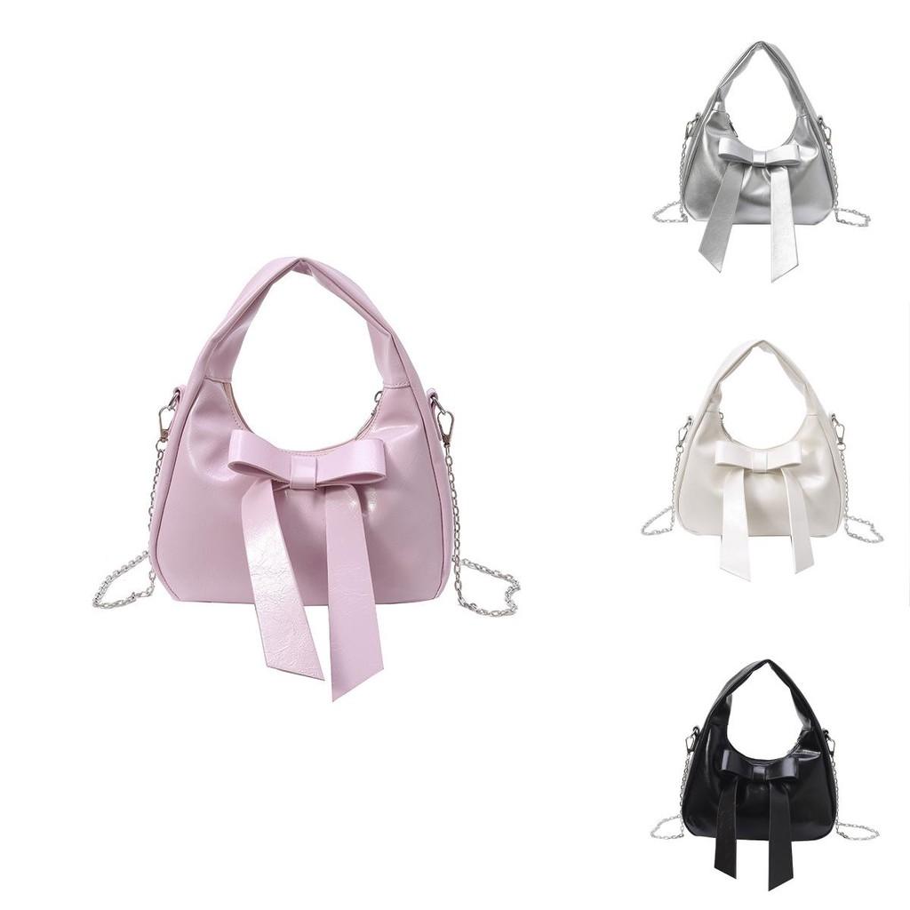 Solid Color Bow Shoulder Bag With Zipper Closure For Daily Use In Trendy Street Style