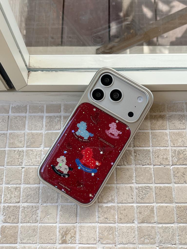 Lucky Pony Red Glitter Colorful Rocking Horse Pattern Kawaii Phone Case for iPhone 17 16 15 14 11 12 13 Pro Max Plus Back Cover